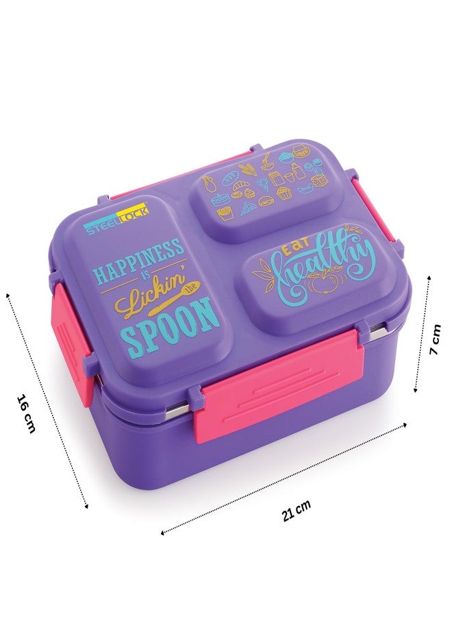 STEELLOCK SmartMeal 3 Partition Stainless Steel Insulated Tiffin for Kids & Adults with Spoon | Leak-Proof Lunch Box with Silicone Gasket Lid | Bento Box for School, Boys, Girls & Office 600 ML - Purple. - Image 5